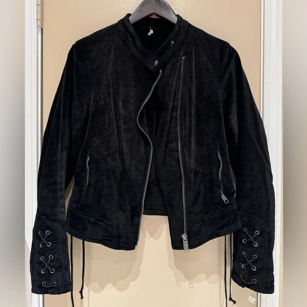 Free People Velvet Moto Laced Sleeve Zipper Jacket Black Size S - Picture 6 of 16